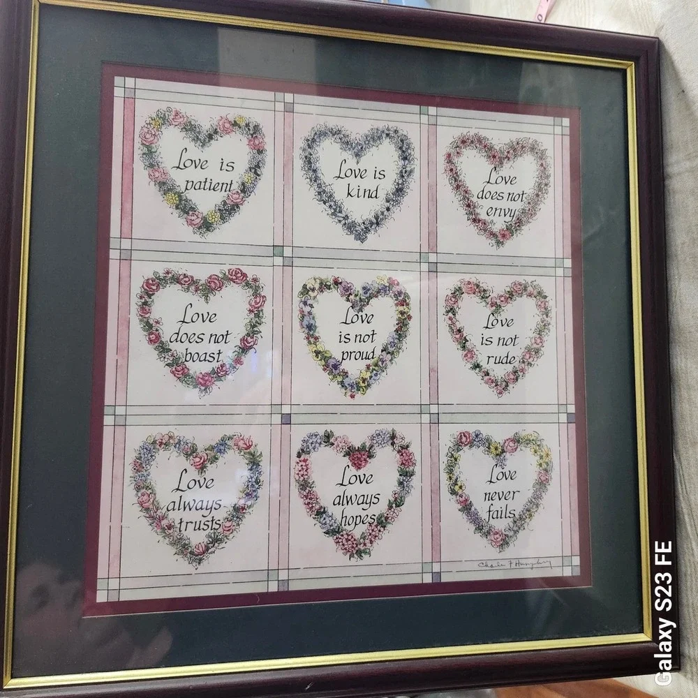 Home Interiors Framed Art Love Is Humphrey Burgundy Hunter Green Cherry Wood 90s